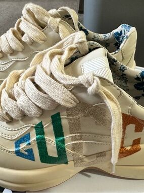 Department 56 Cream Sneakers with Green Teal Blue and Orange Glitter Accents